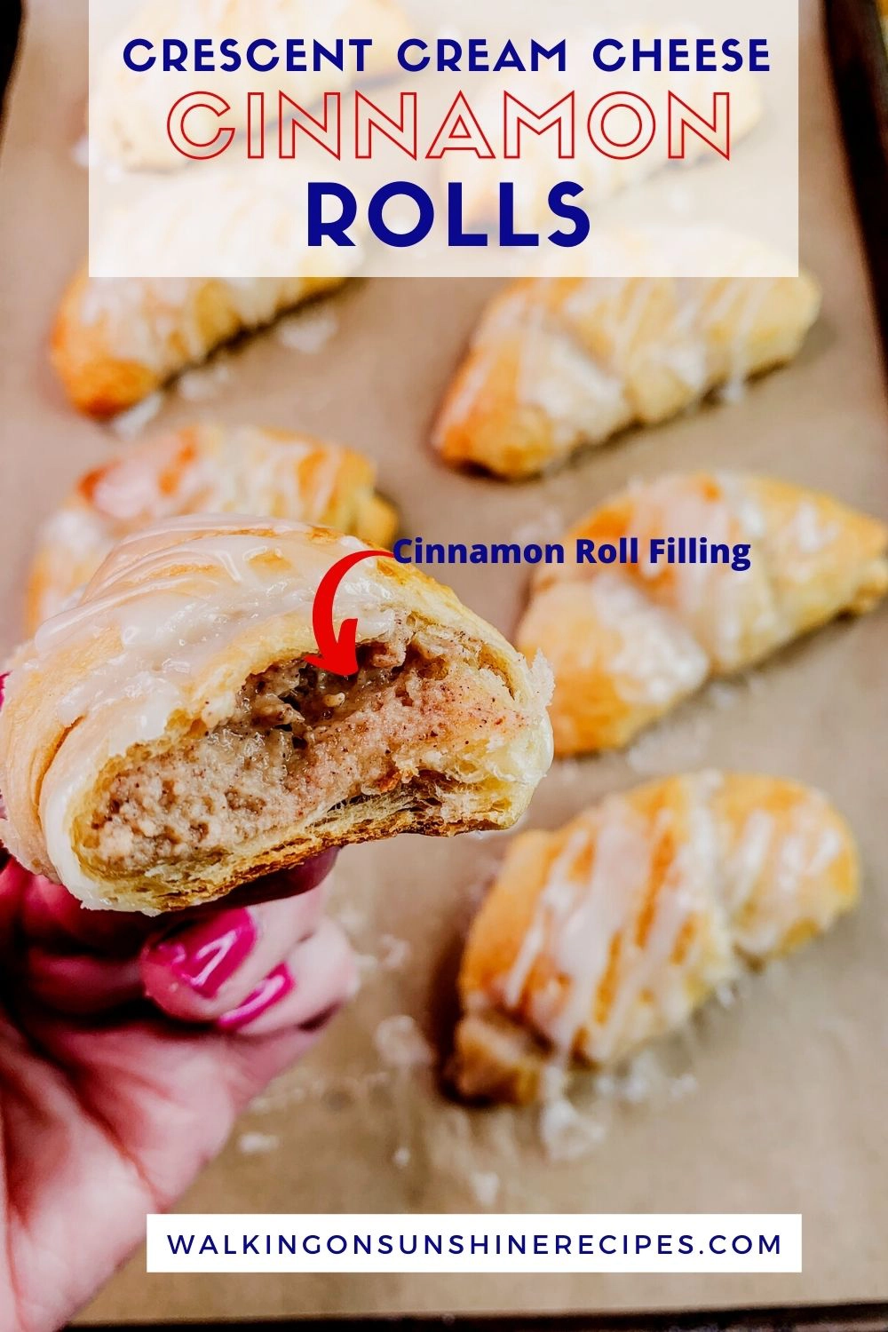 closeup of crescent cream cheese cinnamon rolls. 