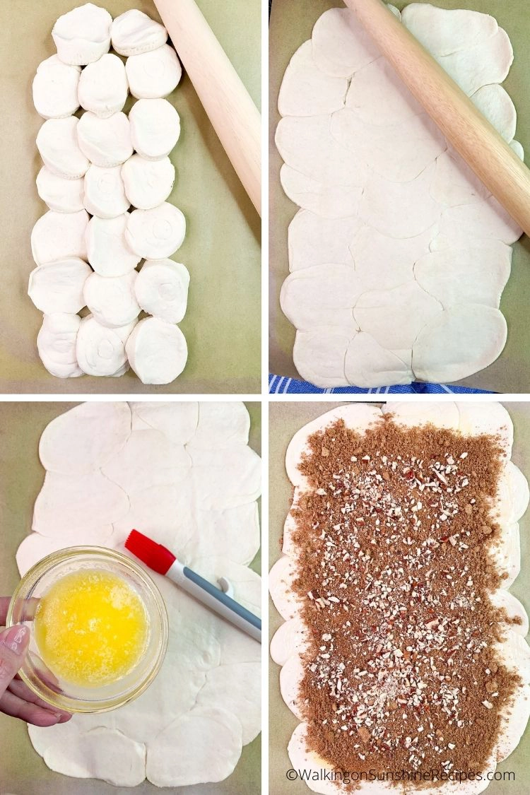 Roll out biscuits, add butter, cinnamon sugar, pecans.